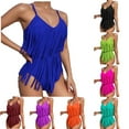 thumbnail image 1 of MGDXOX Women's Fringe Trim One Piece Swimsuits Adjustable Spaghetti Strap Bathing Suits Tummy Control V Neck Bikinis Red S, 1 of 3