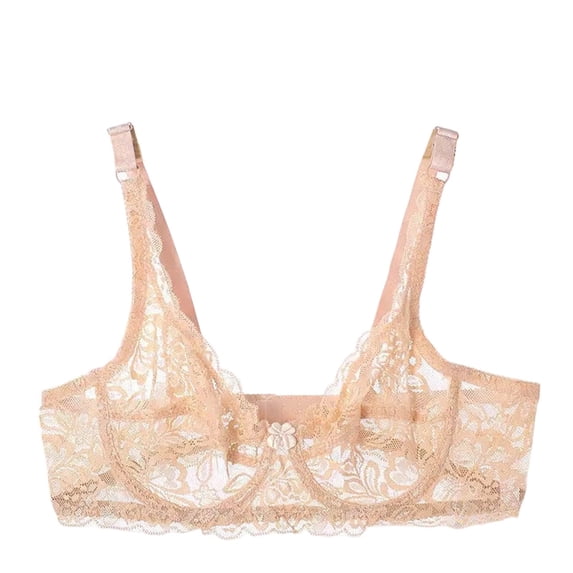 MGDXOX Women's Full Sheer Floral Lace Unlined Wireless Bra, Thin Adjustable Strap Plus Size Elegant Lingerie Bra Khaki 38