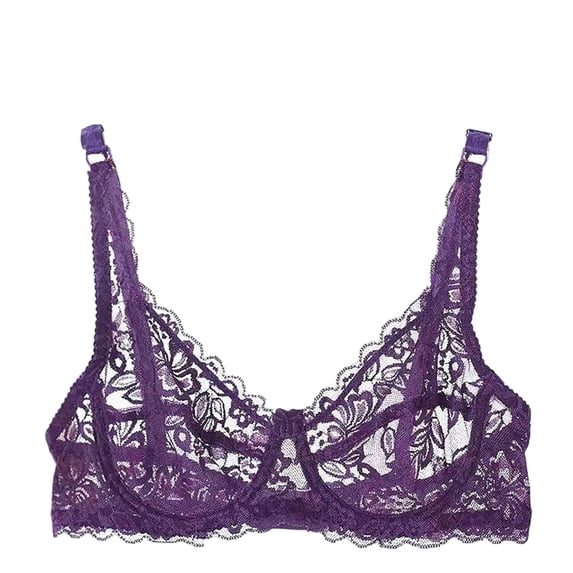 MGDXOX Women's Full Sheer Floral Lace Unlined Wireless Bra, Thin Adjustable Strap Plus Size Elegant Lingerie Bra Purple 34