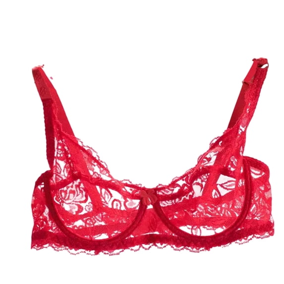 MGDXOX Women's Full Sheer Floral Lace Unlined Wireless Bra, Thin Adjustable Strap Plus Size Elegant Lingerie Bra Red 38