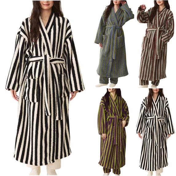 MGDXOX Women's Fuzzy Fleece Long Robe Striped Plush Kimono Warm Thick Fluffy Oversized V Neck Loungewear Maxi Bathrobe Black XL