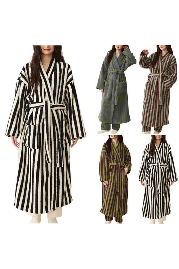 Women's Fuzzy Fleece Long Robe Striped Plush Kimono Warm Thick Fluffy Oversized V Neck Loungewear Maxi Bathrobe Brown L