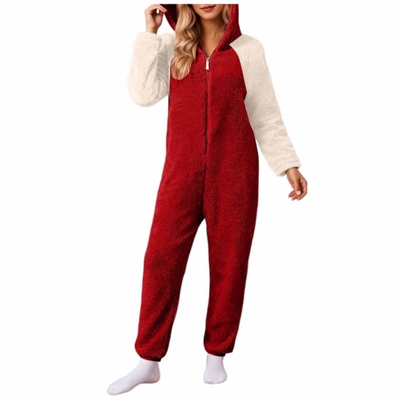 MGDXOX Women's Fuzzy Hooded Onesie Pajamas Warm Zipper Jumpsuit Sherpa Pj Romper One Piece Sleepwear Soft Plush Loungewear Red M