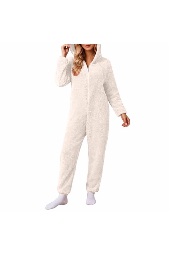 Women's Fuzzy Onesie Pajamas Warm Zipper Hooded Jumpsuit Sherpa Pj Romper One Piece Sleepwear Soft Plush Loungewear Beige L