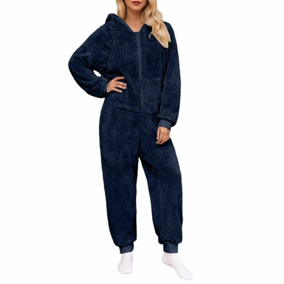 MGDXOX Women's Fuzzy Onesie Pajamas Warm Zipper Hooded Jumpsuit Sherpa Pj Romper One Piece Sleepwear Soft Plush Loungewear Navy XXL