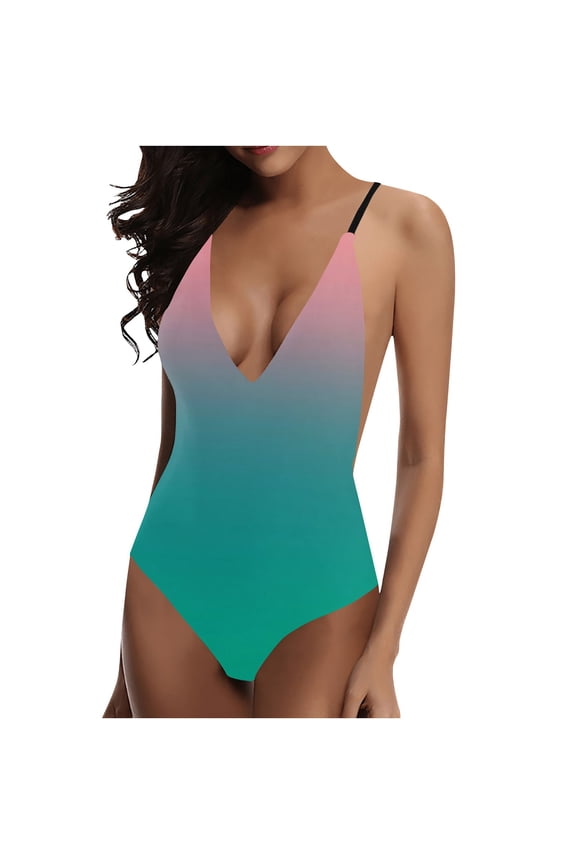 Women's Gradient Swimsuits Open Back One Piece Bathing Suit Deep V Neck Slimming Tummy Control Swimwear Watermelon Red M