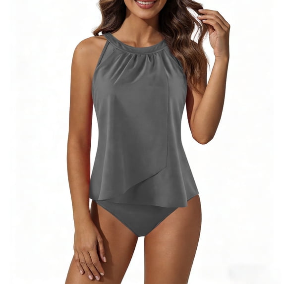 MGDXOX Women's Halter Neck Tankini Set Ruffled Layered Two Piece Swimsuit Tummy Control Solid Fashion Bathing Suit Gray L
