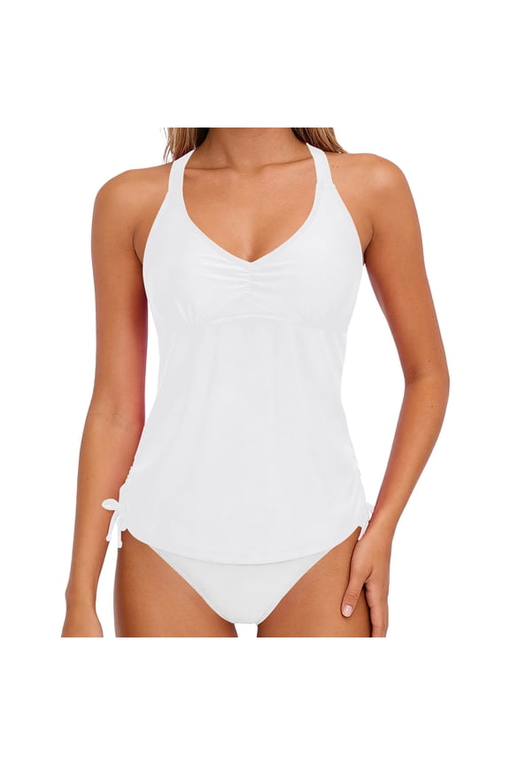 Women's Halter Tankini Swim Top Only V Neck Ruched Flowy Bathing Suit Top with Drawstring Side Tummy Control Swimwear Top for Beach White M