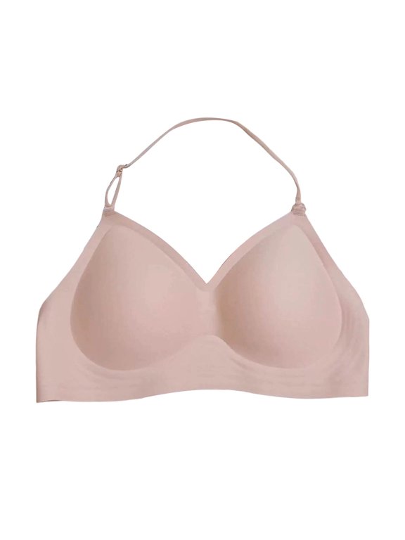 Women's Halter Thin Spaghetti Strap V-Neck Naked Sense Seamless Wireless Bra, Convertible Back Invisible Light Support Daily Bra Beige XL