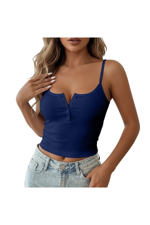 Women's Henley Ribbed Crop Cami Tank Top Thin Strap Form Fitting Blouse Y2K Style Casual & Streetwear Top Dark Blue L