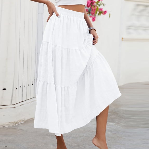 MGDXOX Women's High Elastic Waist Tiered Ruffle Midi Skirt Flowy A-Line Casual Skirt With Side Pockets Comfortable Loose Fit For All Seasons White XXL