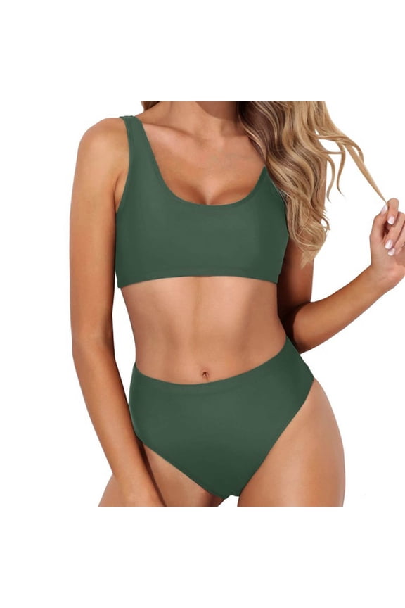 Women's High Waisted Bikini Sets Sporty Two Piece Swimsuits Solid Color Cheeky High Cut Bathing Suits Green M