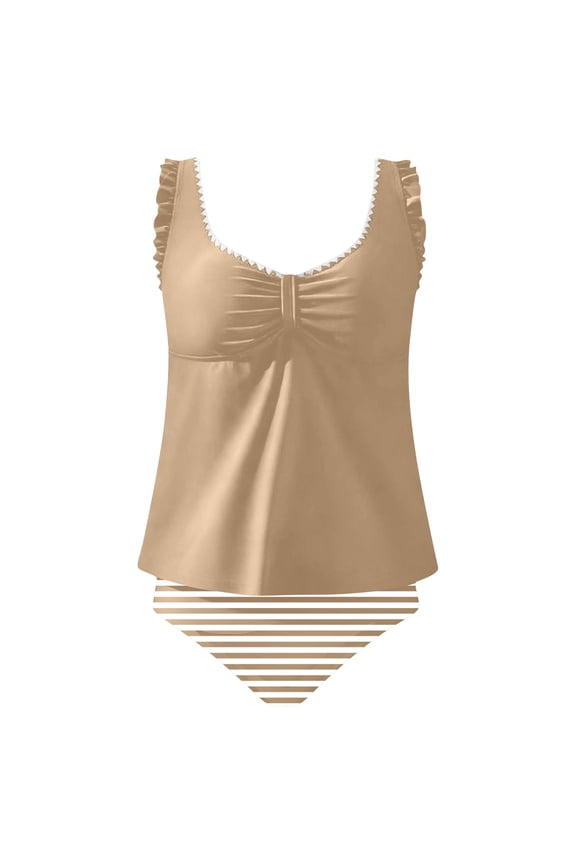 Women's High Waisted Tankini Swimsuit Tummy Control Bathing Suit Modest 2 Piece Tankini Set Blouson Swim Suit Khaki M