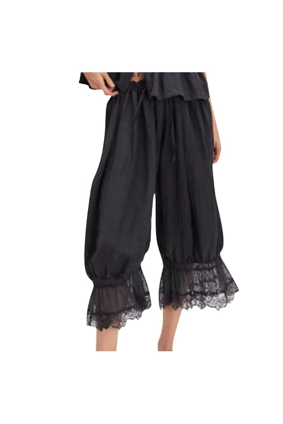 Women's Lace Trim Long Bloomers Elastic Mid Rise Ruffle Pantaloons Cropped Flared Slips Pants Pajama Bottoms Black S
