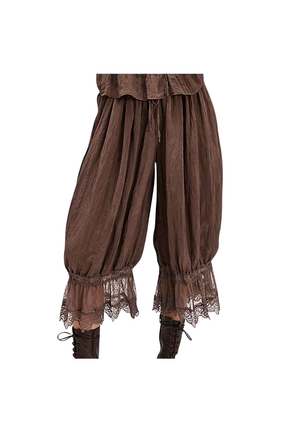 Women's Lace Trim Long Bloomers Elastic Mid Rise Ruffle Pantaloons Cropped Flared Slips Pants Pajama Bottoms Coffee S