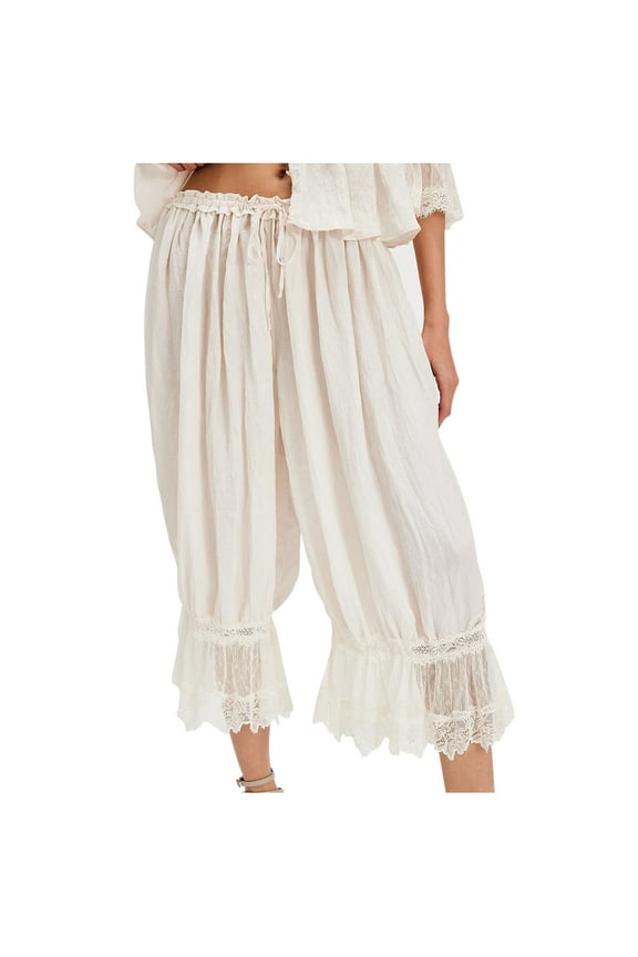 Women's Lace Trim Long Bloomers Elastic Mid Rise Ruffle Pantaloons Cropped Flared Slips Pants Pajama Bottoms White M
