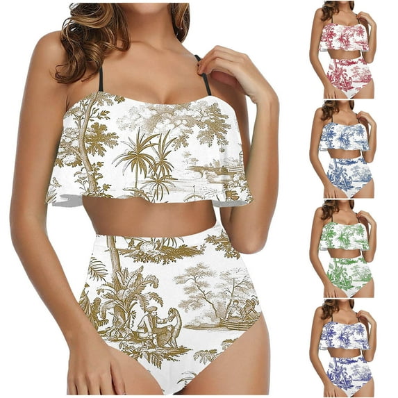 MGDXOX Women's Layered Ruffle Bikini High Waisted Bikini Sets Spaghetti Bandeau Swimsuit Two Piece Fashion Bathing Suit Purple S
