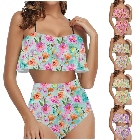 MGDXOX Women's Layered Ruffle Bikini High Waisted Bikini Sets Spaghetti Bandeau Swimsuits Two Piece Fashion Bathing Suit Green XXL