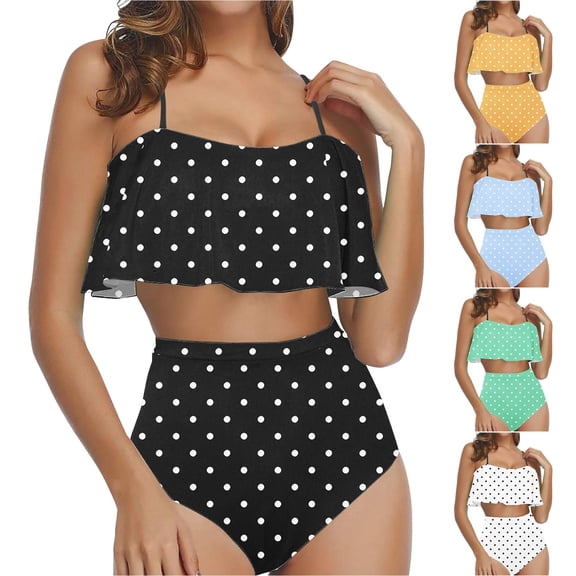MGDXOX Women's Layered Ruffle Bikini High Waisted Polka Dot Bikini Set Spaghetti Bandeau Swimsuit Two Piece Fashion Bathing Suit White XL