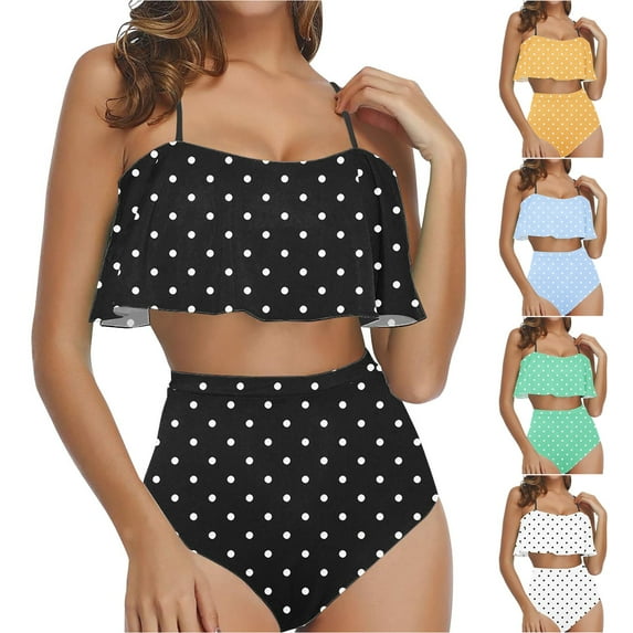 MGDXOX Women's Layered Ruffle Bikini High Waisted Polka Dot Bikini Set Spaghetti Bandeau Swimsuit Two Piece Fashion Bathing Suit Yellow S