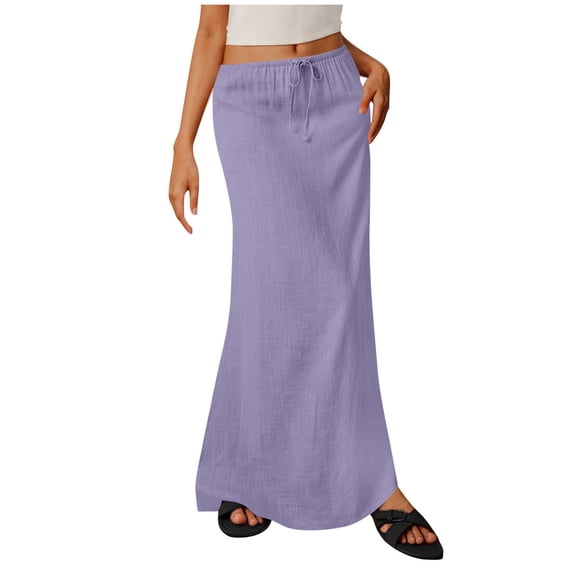 MGDXOX Women's Linen Mermaid Maxi Skirt Elastic Drawstring Waist Casual Flowy Skirt for Daily Commute Beach Vacation Purple XL