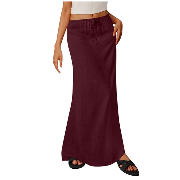 MGDXOX Women's Linen Mermaid Maxi Skirt Elastic Drawstring Waist Casual Flowy Skirt for Daily Commute Beach Vacation Wine XL