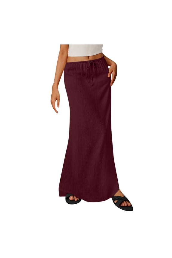 Women's Linen Mermaid Maxi Skirt Elastic Drawstring Waist Casual Flowy Skirt for Daily Commute Beach Vacation Wine XL