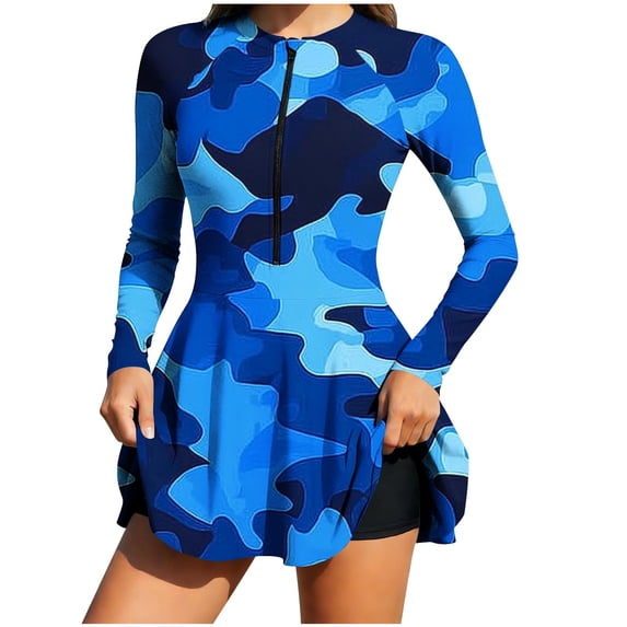 MGDXOX Women's Long Sleeve Two Piece Rash Guard Modest Casual Swimsuits Dress Zipper Surfing Bathing Swimkirt with Shorts Light Blue XL