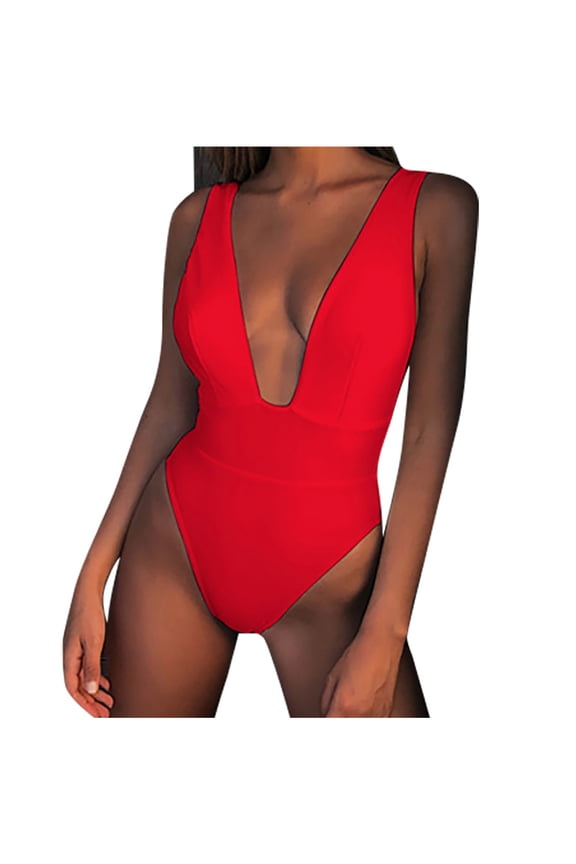 Women's Low Cut Swimsuits Trendy One Piece Tummy Control Bathing Suit High Cut Backless Slimming 1 Piece Swimwear Red M