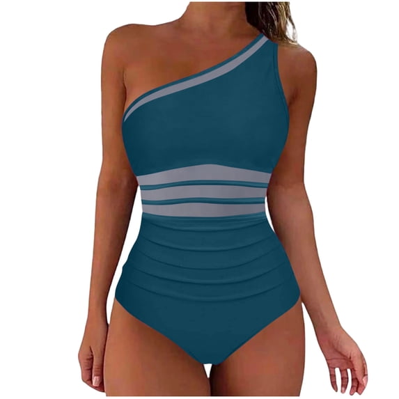 MGDXOX Women's Mesh One Piece Push Up Padded Swimsuit Tummy Control One Shoulder Bathing Suit Cut Out Swimwear Navy M