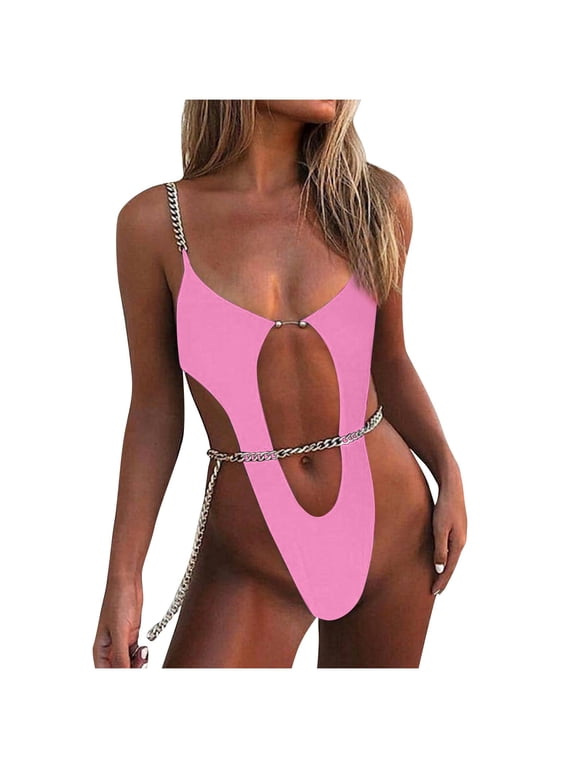 Women's One Piece Chain Accent Cutout Monokini Swimsuit High Cut Thong Tummy Control Backless Bathing Suit for Pool Party Purple M