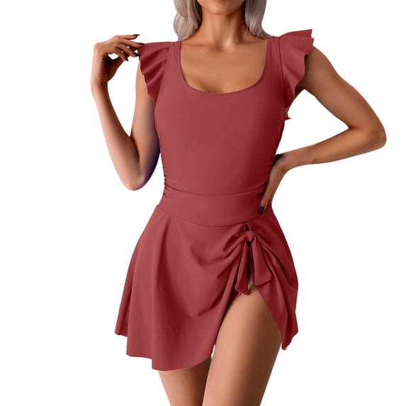 MGDXOX Women's One Piece Swimdress Tummy Control Ruffle Swimsuit Tie Knot Dresses Skirt Dress Bathing Suit Slimming Red XXL