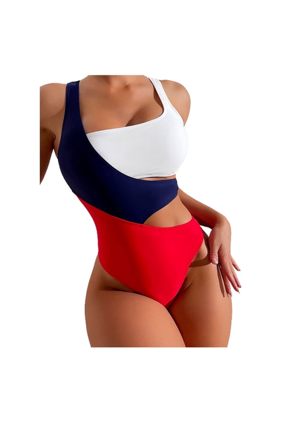 Women's One Piece Swimsuit Cut Out Asymmetrical Bathing Suits Tummy Control Color Block Beach High Cut Monokini Swimwear Navy L
