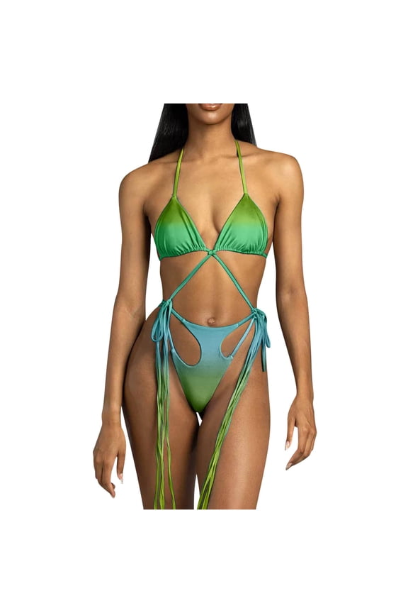 Women's One Piece Swimsuit Tassel Monokini High Waist Cutout Bathing Suit Halter Criss Cross String Bikini Swimwear Green M