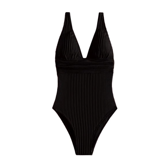 MGDXOX Women's One Piece Swimsuit Tummy Control Bathing Suit V Neck Ruched Textured Ribbed Slimming 1 Piece Swimwear Black L