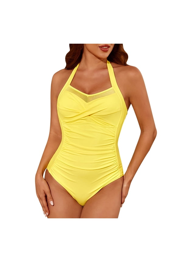 Women's One Piece Swimsuit Tummy Control Bathing Suits Mesh Swim Suits Crisscross Back Modest Swimwear Yellow XXL
