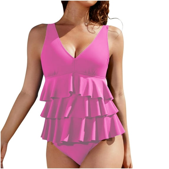 MGDXOX Women's One Piece Swimsuit Tummy Control Slimming Bathing Suit Layered Ruffle Flowy Pleated Full Coverage Swimwear Pink L