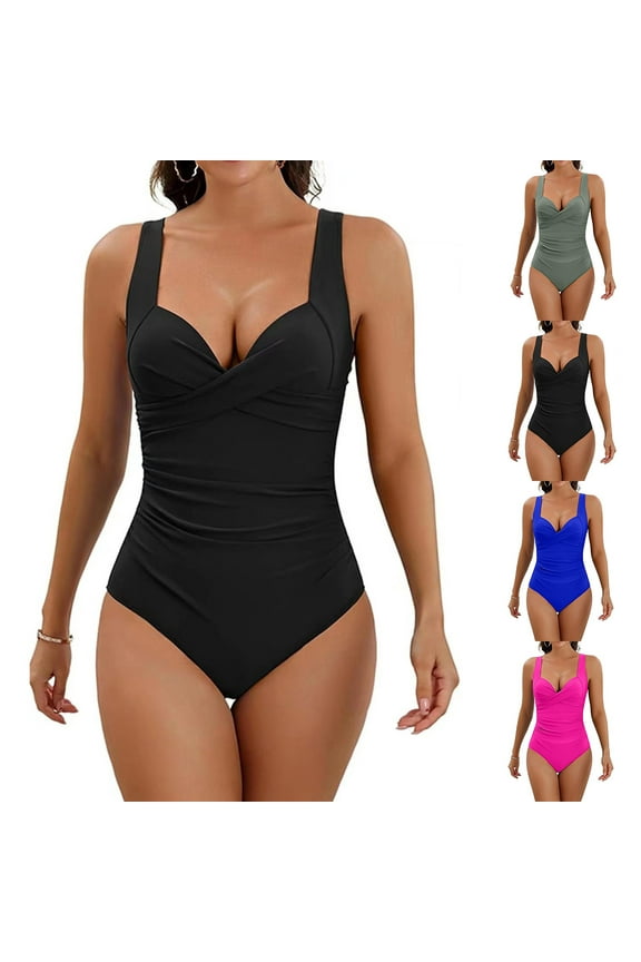 Women's One Piece Swimsuit Tummy Control Slimming Push Up Bra Bathing Suits Wrap Twist 1 Piece Swimwear Blue XXL