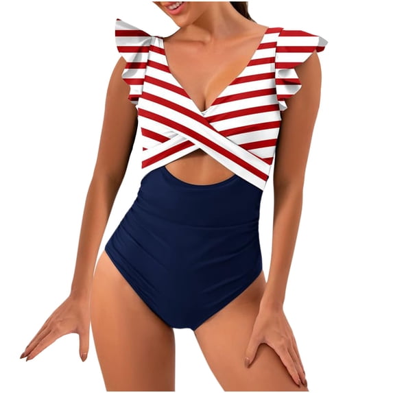 MGDXOX Women's One Piece Tummy Control Swimwear Flutter Sleeve V Neck Cutout Fashion Ruffle Swimsuit Bathing Suit Red XL