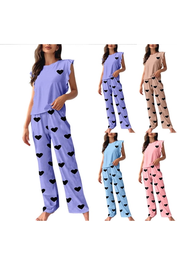 Women's Pajamas Set Soft Comfortable Elastic Waist Sleepwear Heart Print Nightwear Short Sleeves Cozy Loungewear Purple S