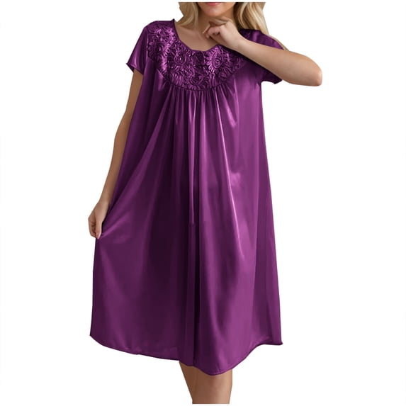 MGDXOX Women's Plus Ice Silk Pajamas Dresses Fashion Flroal Crewneck Short Sleeves Midi Nightdress Home Casual Mid-Calf Sleepshirts Purple Free Size