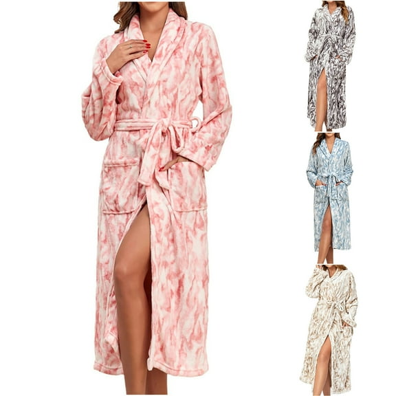MGDXOX Women's Plus Size Fleece Robe Soft Thermal Bathrobe with Pockets and Belt Solid Color Shawl Collar Robe Pajama Pink S