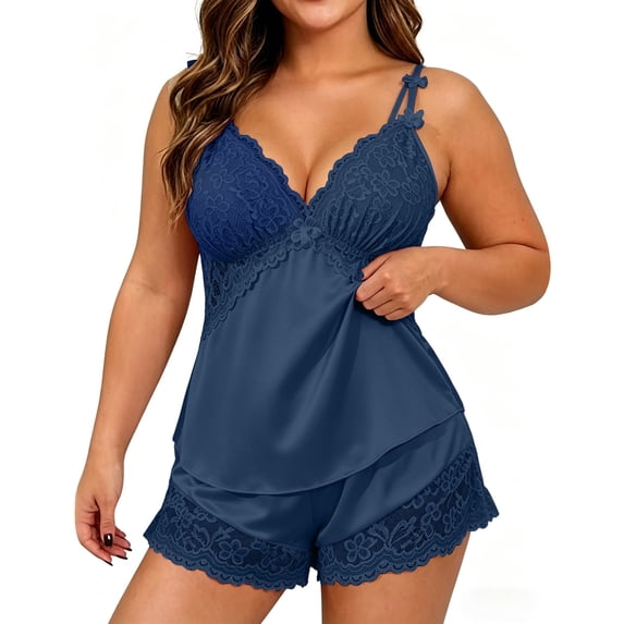 MGDXOX Women's Plus Size Lace Trim Satin Cami Pajama Set Spaghetti Strap Top and Shorts Silky Breathable Loungewear Sleepwear Navy XXXL
