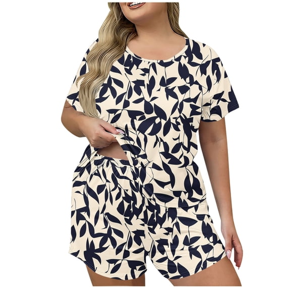 MGDXOX Women's Plus Size Leaf Print Short Sleeve Top & Shorts Pajama Set Loose Fit Loungewear Set for Sleepwear Khaki XXXL
