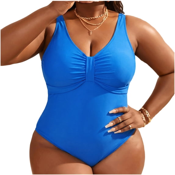 MGDXOX Women's Plus Size One Piece Swimsuits Tummy Control Bathing Suit Ruched V Neck Modest Swim Suit Summer Swimwear Blue XXXXL