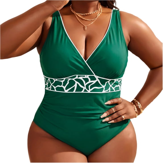 MGDXOX Women's Plus Size One Piece Swimsuits Tummy Control Bathing Suit Ruched V Neck Modest Swim Suits Summer Swimwear Green XL