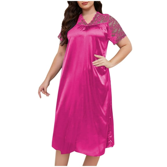 MGDXOX Women's Plus Size Satin Dress Floral Lace Short Sleeve Lounge Midi Pajamas Spring Summer Comfy Nightgown Sleepwear Hot Pink XXXL