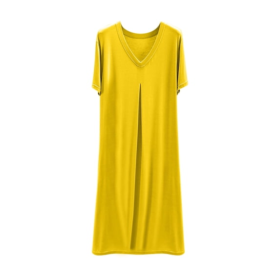 MGDXOX Women's Plus Size Short Sleeve V-Neck Nightgown with Pleated Detail Loose Fit Sleep Dress for Loungewear Yellow Free Size