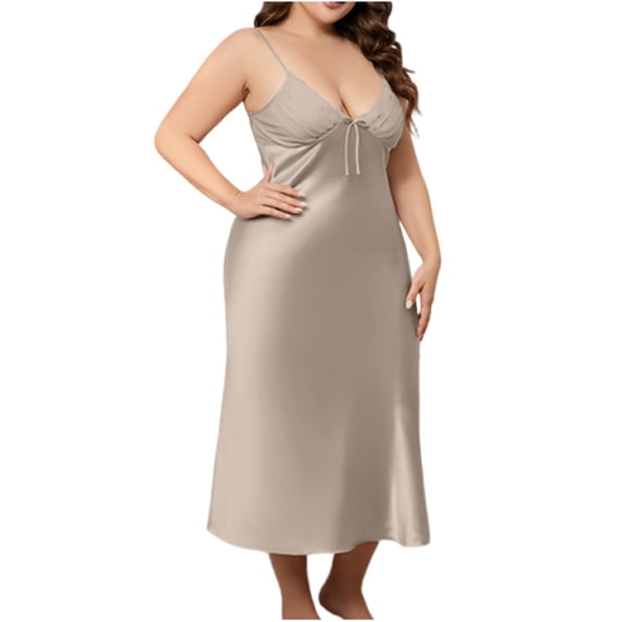 MGDXOX Women's Plus Size Sleep Dress Soft Satin Lace V Neck Nightdress Sleeveless Strappy Nightgowns Split Chemise Beige XXXL