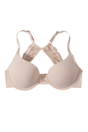Women's Push Up Racerback Solid Bras Front Closure Underwire Bras Rhinestone Lace Padded Plunge Bralettes Beige M
